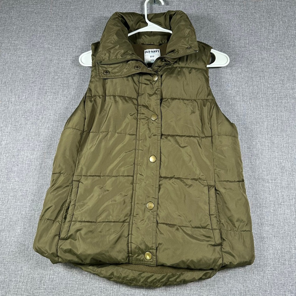 Old Navy Womens Puffer Vest Olive Green Quilted Full Zip Snap Fleece Lined Small
